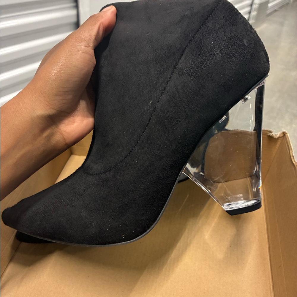 Over the Knee Boots Black Suede Clear Wedge Heel
